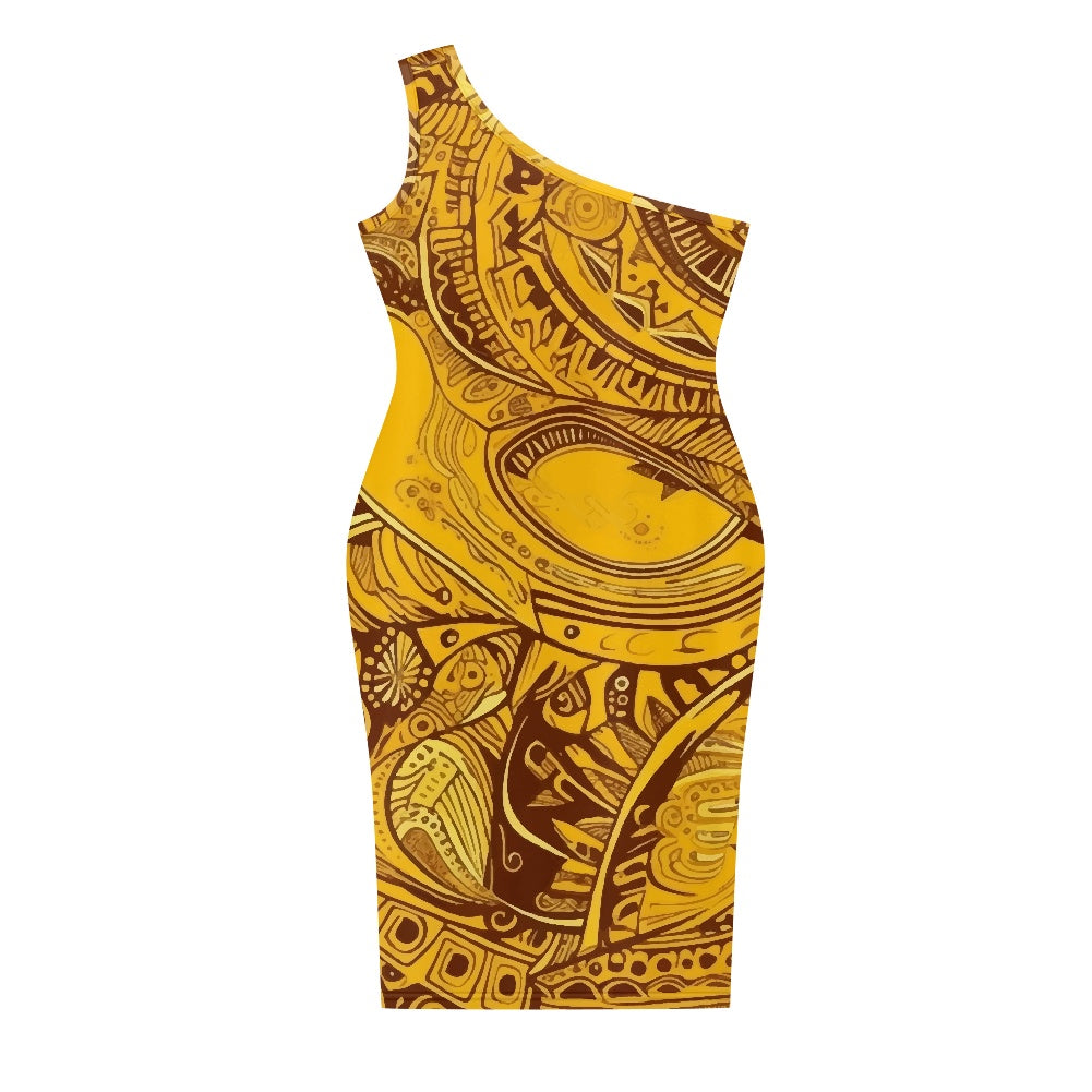 Discover Elegance: Luxtrini's One-Shoulder Slim Dress - Ethnic Yellow white