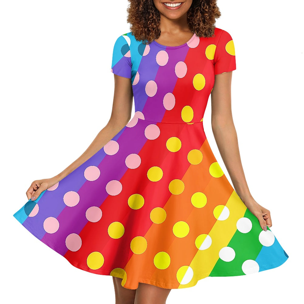 Rainbow Polka Dot Women Scoop Neck Short Sleeve Ruffle Dress