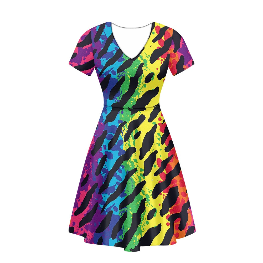 Animal Print Women V-Neck Short Sleeve Ruffle Dress white