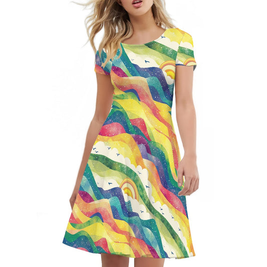 Women Scoop Neck Short Sleeve Ruffle Dress