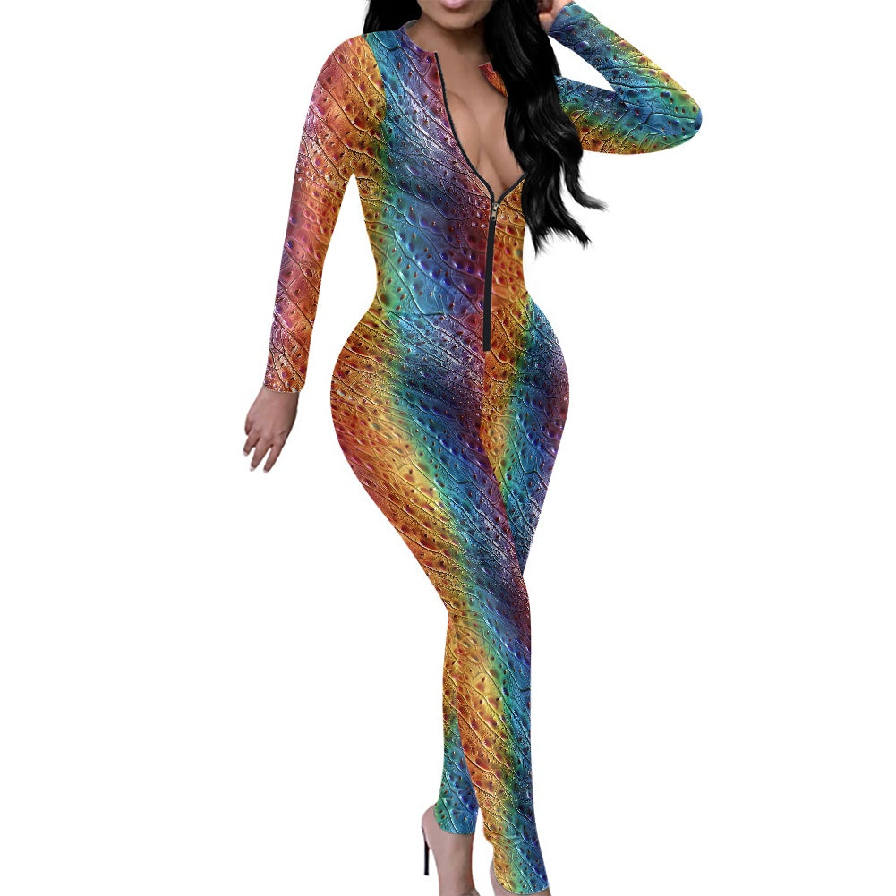 Unique Ostrich Skin pattern Rainbow Pride Women's Plunging Neck Jumpsuit 4XL