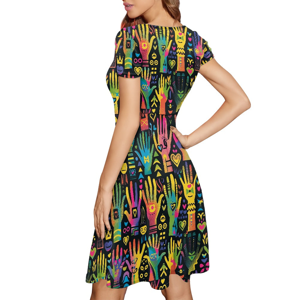 Women Scoop Neck Short Sleeve Ruffle Dress