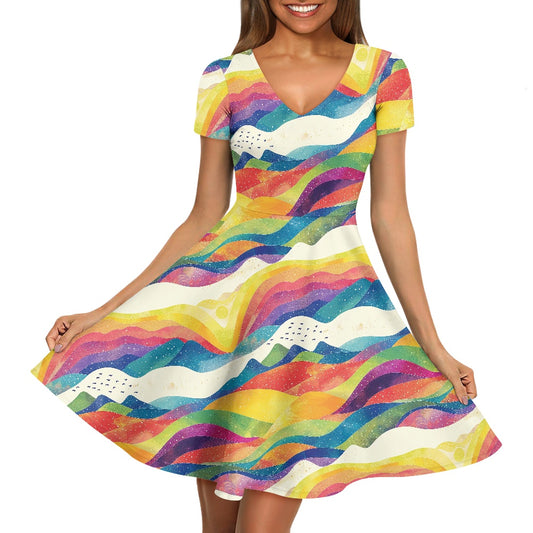 Women V-Neck Short Sleeve Ruffle Dress