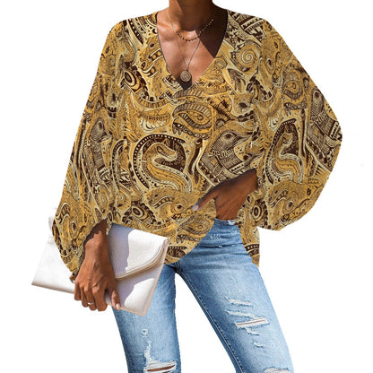 Brown and Gold Bohemian Print Blouse – Casual and Elegant Batwing Top V-Neck Chiffon Puff Sleeve Blouse by Luxtrini 4XL