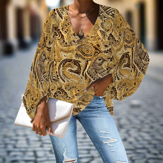 Brown and Gold Bohemian Print Blouse – Casual and Elegant Batwing Top V-Neck Chiffon Puff Sleeve Blouse by Luxtrini