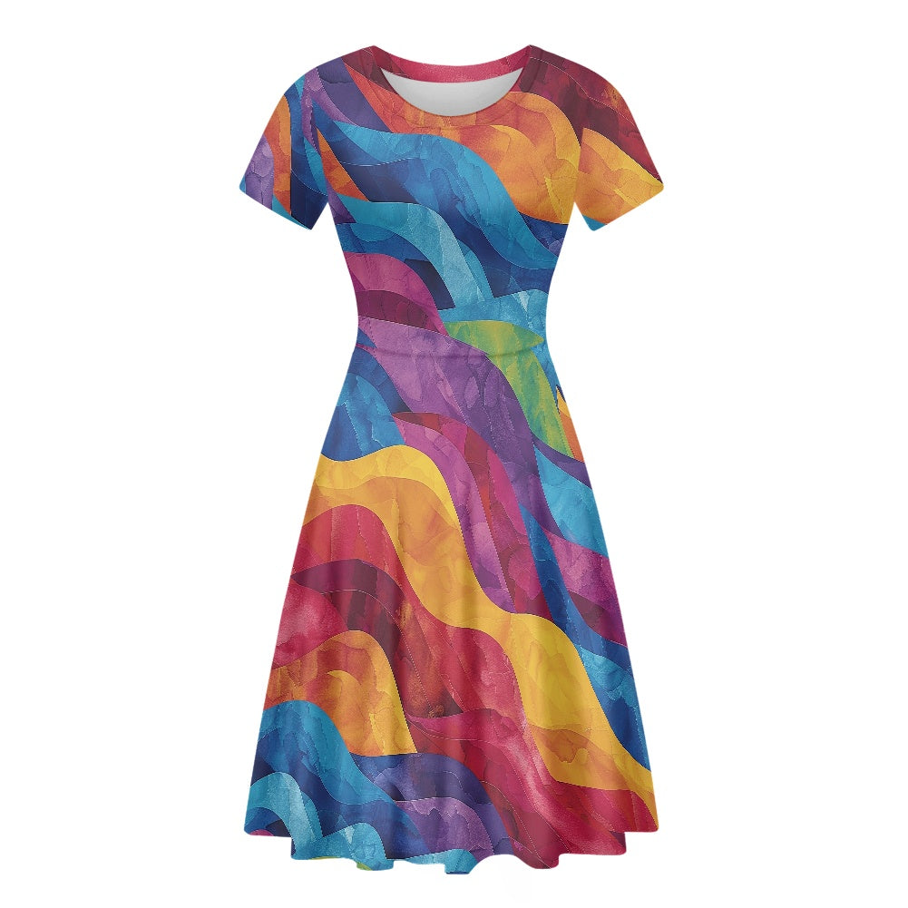 Women Scoop Neck Short Sleeve Ruffle Dress white