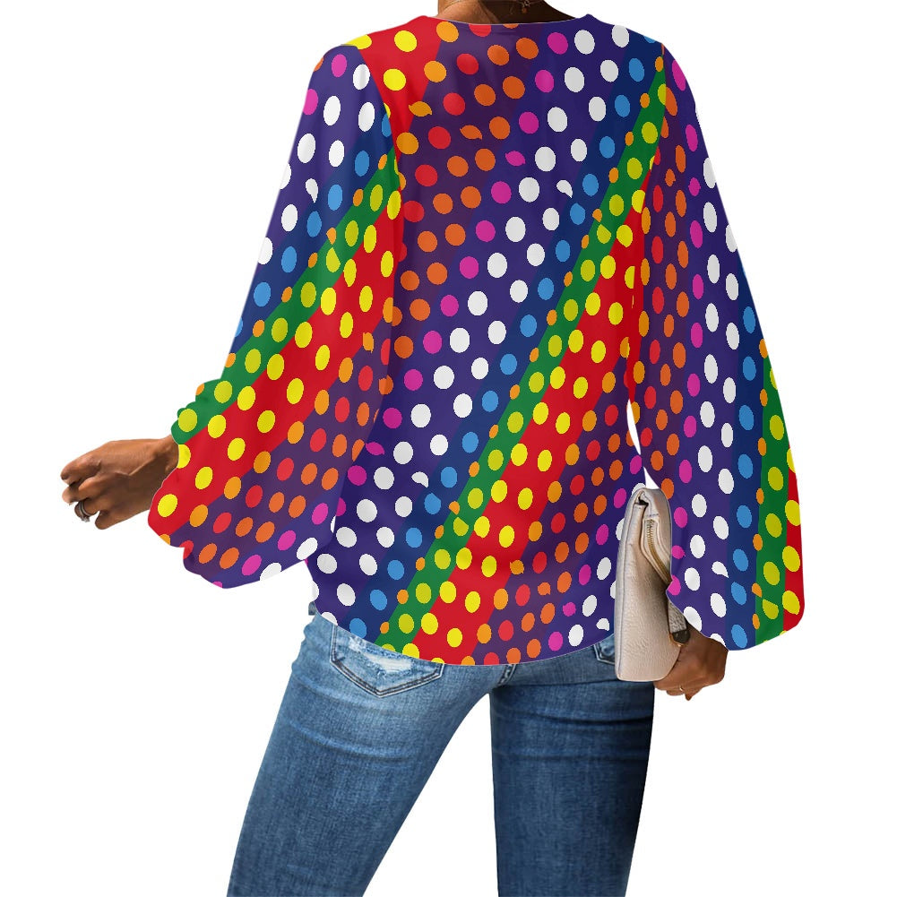 LGBTQ-Friendly Rainbow Polka Dot V-Neck Puff Sleeve Chiffon Top by Luxtrini