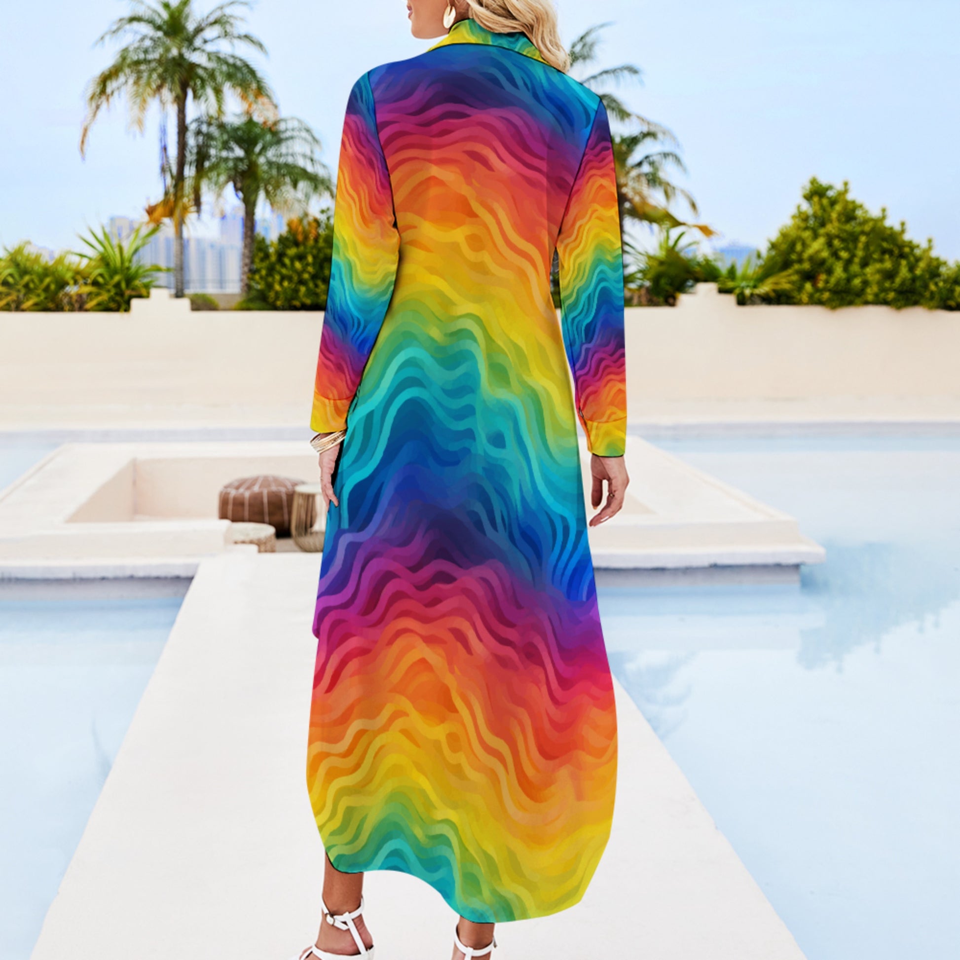 Rainbow Wave Midi Shirt Dress – Bold Abstract Print Long Sleeve Button Down Dress, Lightweight &amp; Flowy for Work, Travel, and Everyday Style