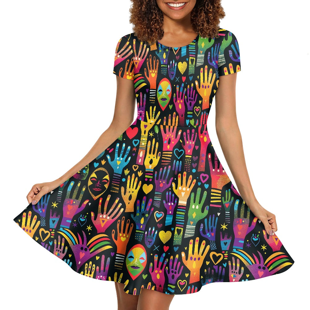 Women Scoop Neck Short Sleeve Ruffle Dress