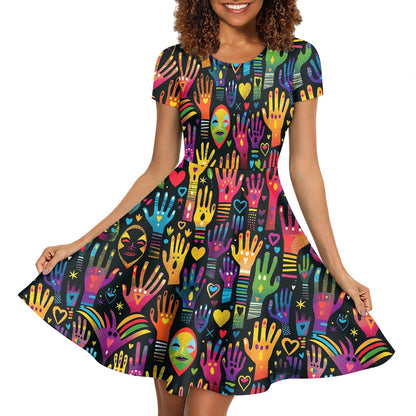 Women Scoop Neck Short Sleeve Ruffle Dress