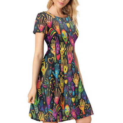 Women Scoop Neck Short Sleeve Ruffle Dress