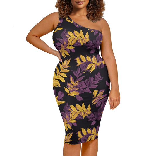 Discover Elegance: Luxtrini's One-Shoulder Slim Dress - Gold & Purple Tropical