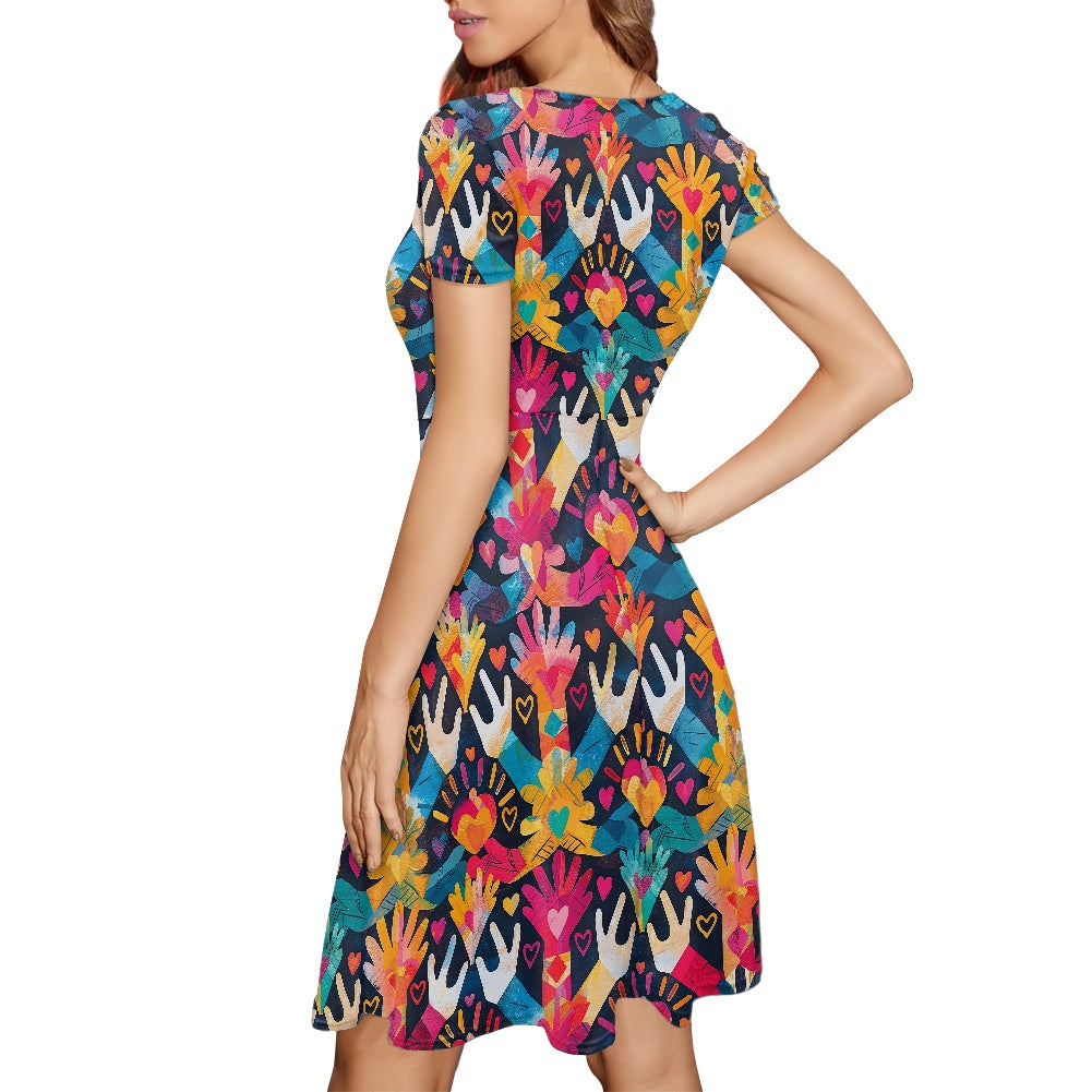 Women Scoop Neck Short Sleeve Ruffle Dress