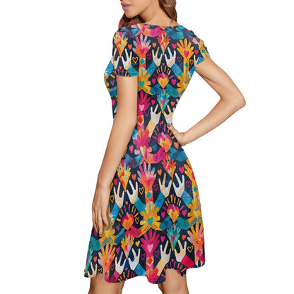 Women Scoop Neck Short Sleeve Ruffle Dress