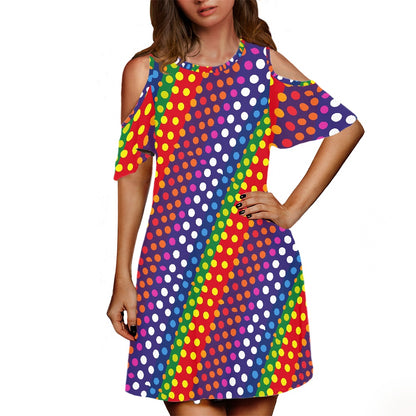 LGBTQ-Friendly Rainbow Polka Dot Chic Cold Shoulder Short Sleeve Mini Dress with Classic Round Neck by Luxtrini