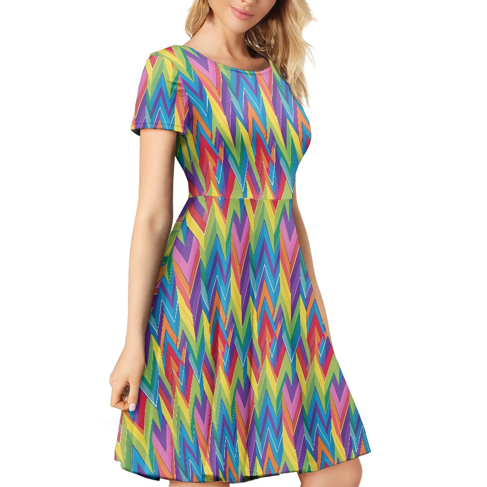 LGBTQ Rainbow Chevron Women Scoop Neck Short Sleeve Ruffle Dress