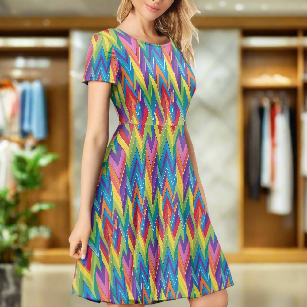 LGBTQ Rainbow Chevron Women Scoop Neck Short Sleeve Ruffle Dress