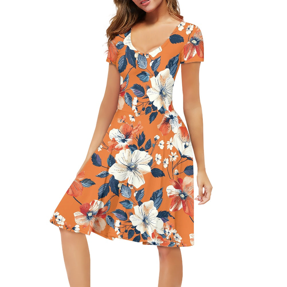 Women V-Neck Short Sleeve Ruffle Dress