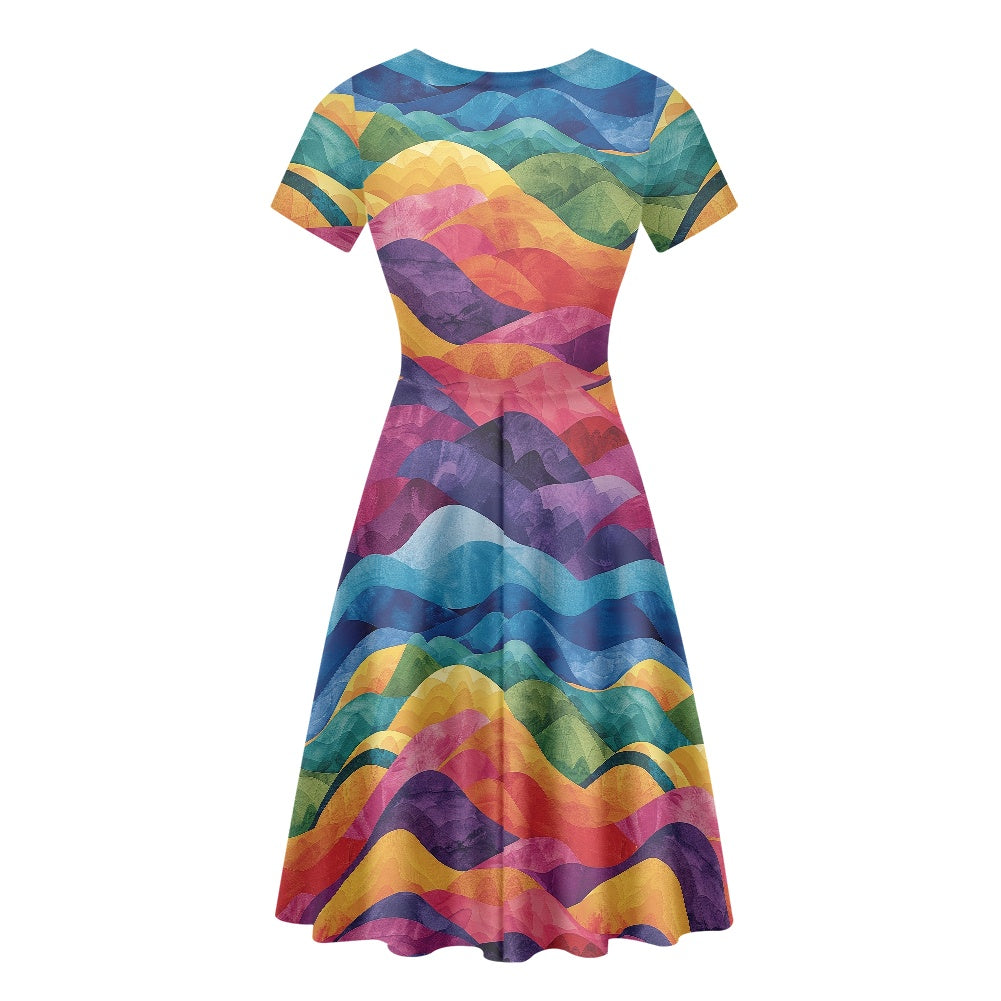Women Scoop Neck Short Sleeve Ruffle Dress