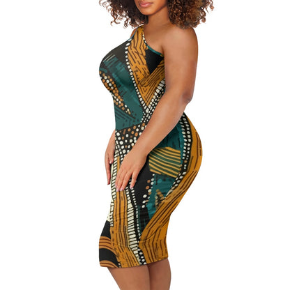 Discover Elegance: Luxtrini's One-Shoulder Slim Dress - Ethnic Green & Orange