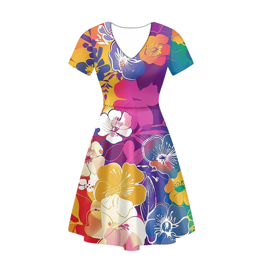 Rainbow Flowers Women V-Neck Short Sleeve Ruffle Dress white