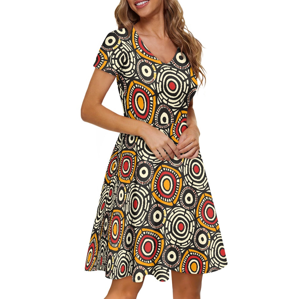 African Kente Pattern Women V-Neck Short Sleeve Ruffle Dress