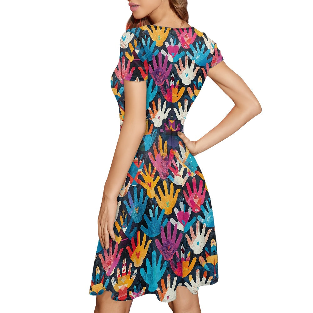 Women Scoop Neck Short Sleeve Ruffle Dress