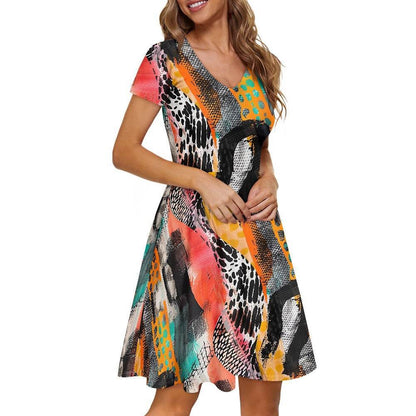 Abstract Animal Skin Women V-Neck Short Sleeve Ruffle Dress