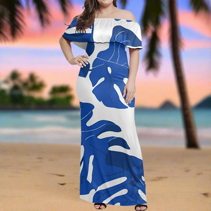 Elegant Off-Shoulder Maxi Dress, Blue White Tropical Pattern, Summer Evening Wear, Luxtrini Fashion, Women's Flowy Long Dress