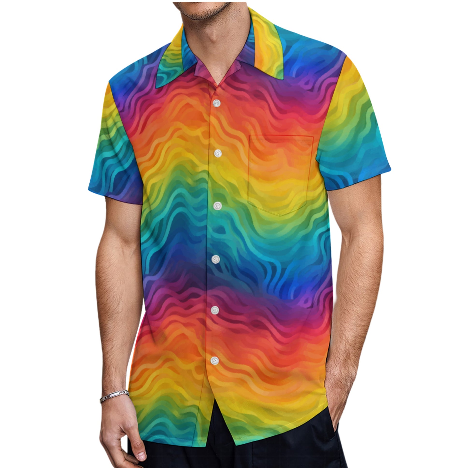 Rainbow Button-Up Shirt for Men – Bold Summer Short Sleeve, Lightweight Pride Festival Shirt, Relaxed Fit