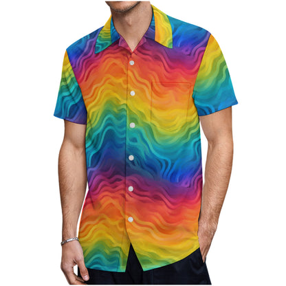Rainbow Button-Up Shirt for Men – Bold Summer Short Sleeve, Lightweight Pride Festival Shirt, Relaxed Fit