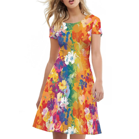 Women Scoop Neck Short Sleeve Ruffle Dress