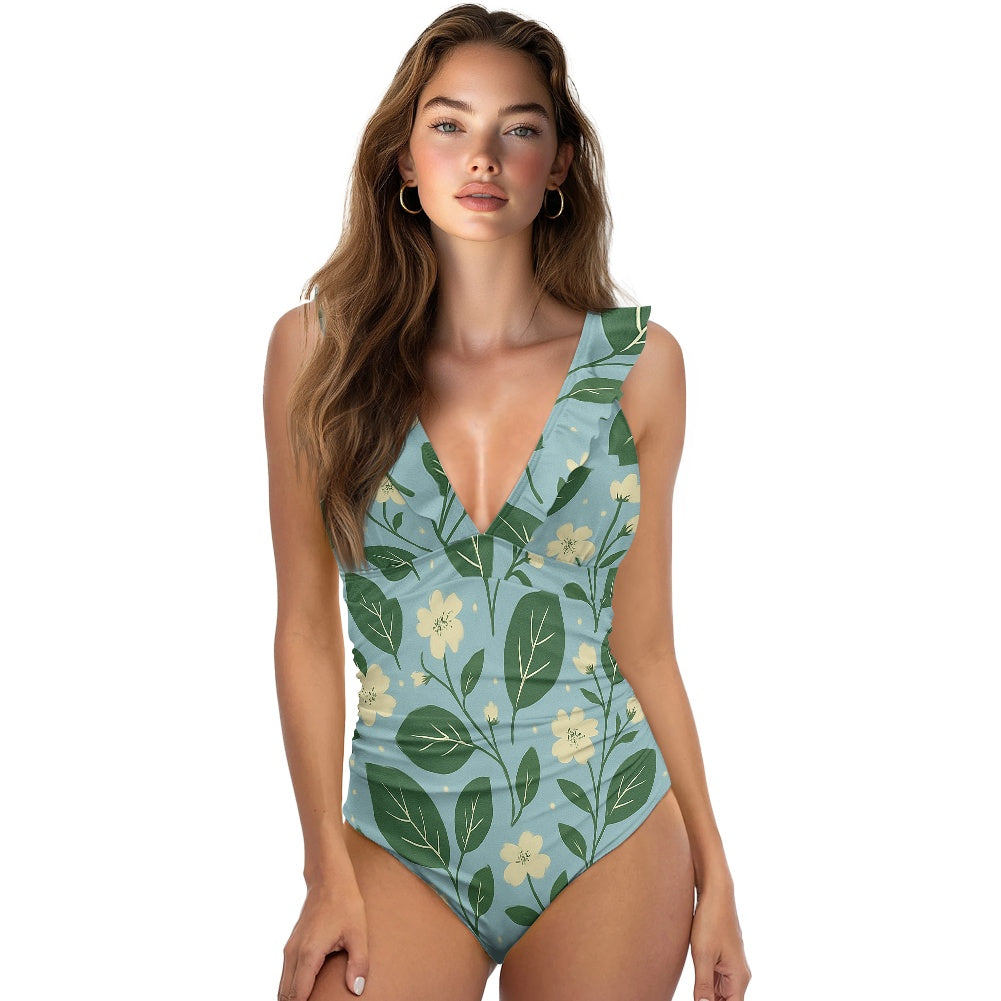 Vintage Garden Bloom One-Piece Swimsuit – Eco Ruffled Plunge Bathing Suit with Lace-Up Back