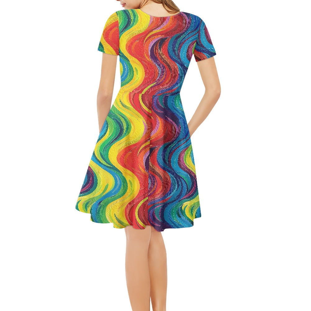Rainbow Women V-Neck Short Sleeve Ruffle Dress