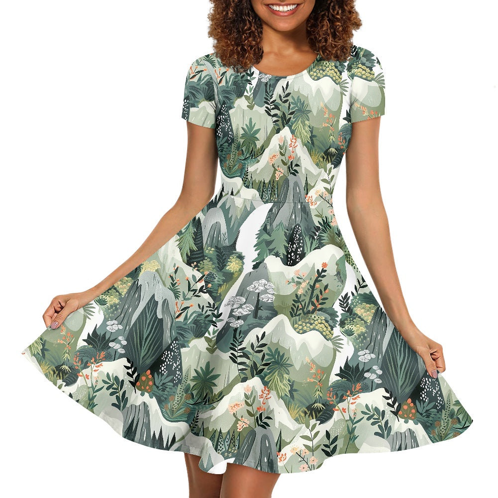Women Scoop Neck Short Sleeve Ruffle Dress