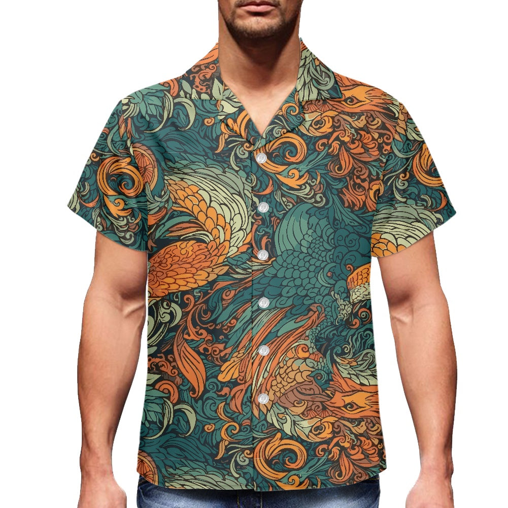 Luxtrini Men’s Dragon and Phoenix Aloha Shirt – Eco Hawaiian Button-Up with Artistic Mythology Print (2XS–7XL)