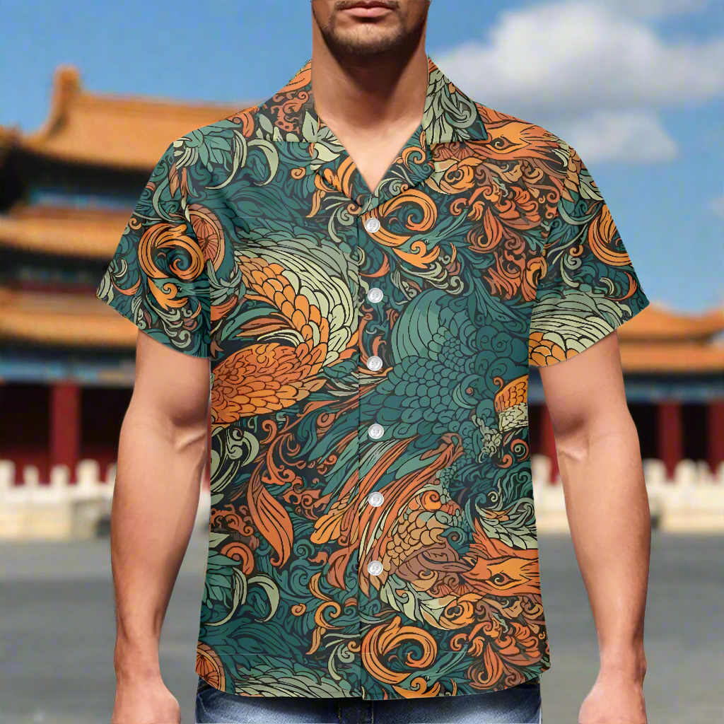Luxtrini Men’s Dragon and Phoenix Aloha Shirt – Eco Hawaiian Button-Up with Artistic Mythology Print (2XS–7XL)