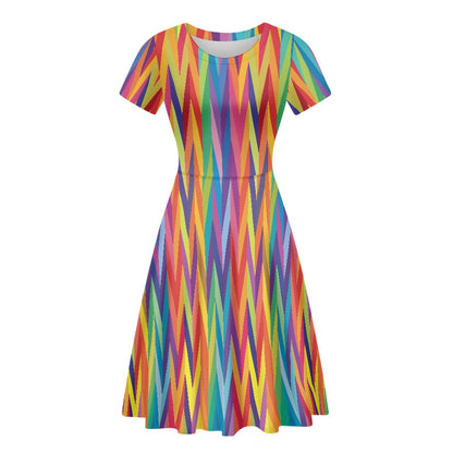 Chevron Rainbow LGBTQ Women Scoop Neck Short Sleeve Ruffle Dress