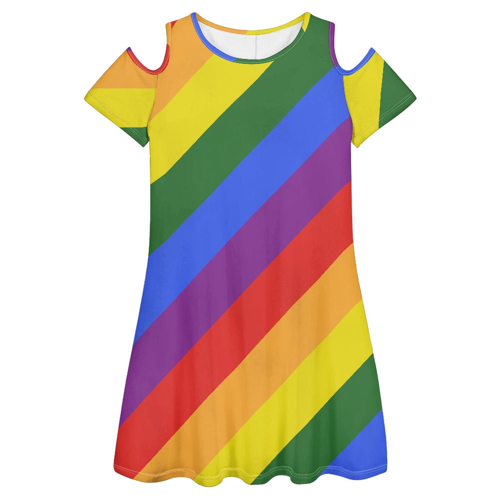 Rainbow Cold shoulder dress with a round neckline white