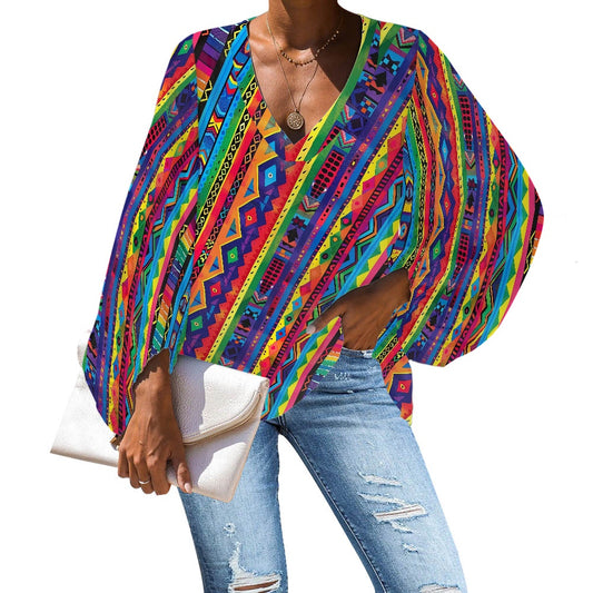 V-Neck Chiffon Puff Sleeve Blouse by Luxtrini 4XL