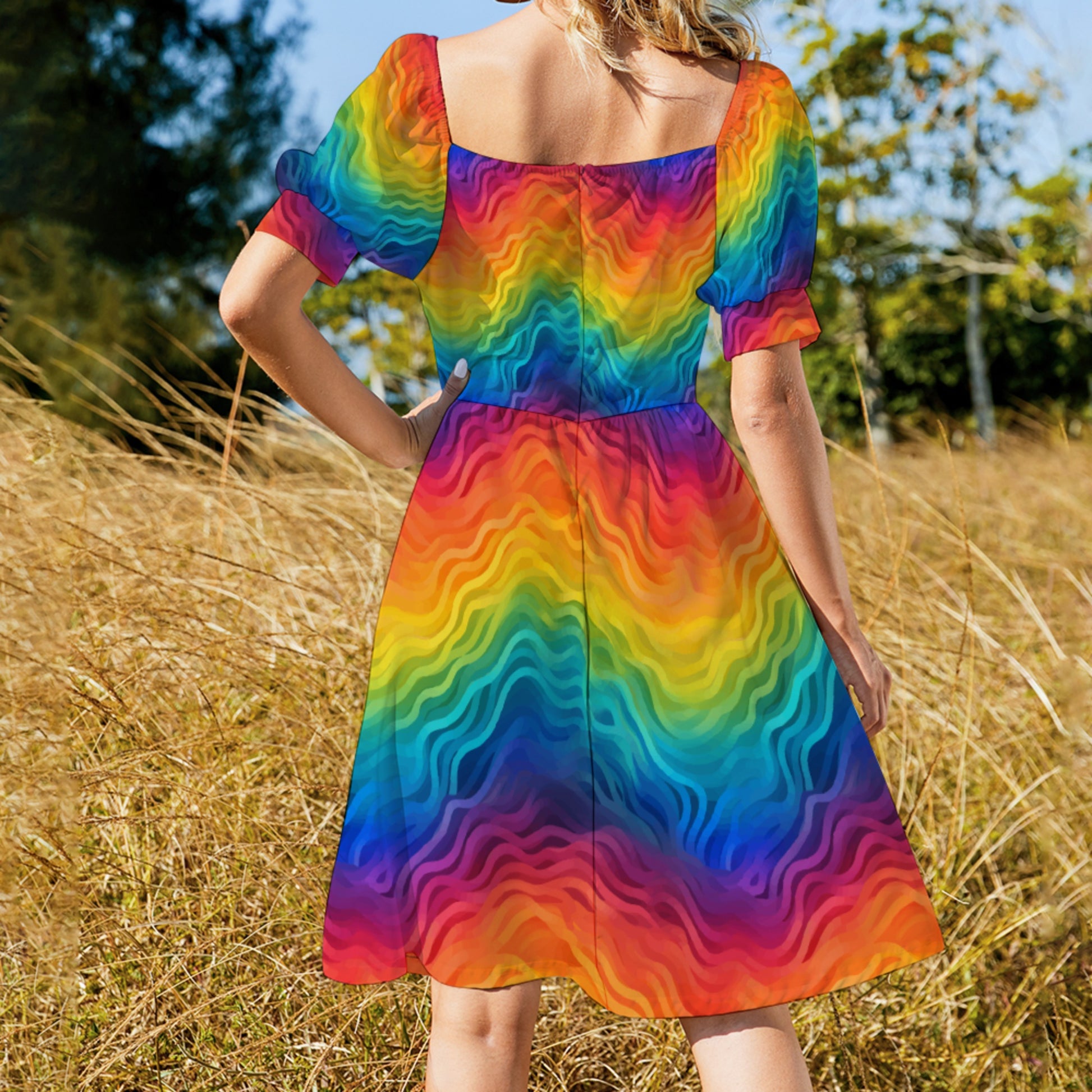 Rainbow Puff Sleeve Dress – Flowy Pride Midi, Short Sleeves & Slim Waist – Colorful Festival or Summer Outfit