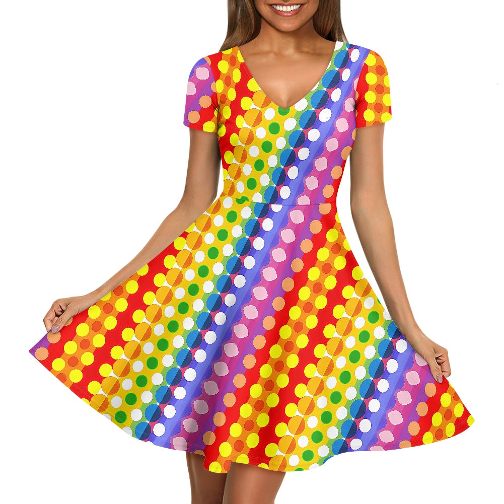 Rainbow Polka Dot Women V-Neck Short Sleeve Ruffle Dress