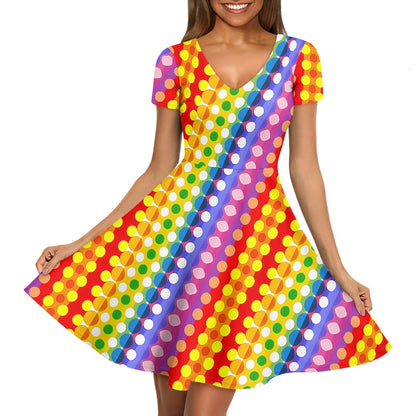 Rainbow Polka Dot Women V-Neck Short Sleeve Ruffle Dress