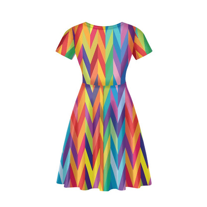 Rainbow Chevrons Women V-Neck Short Sleeve Ruffle Dress