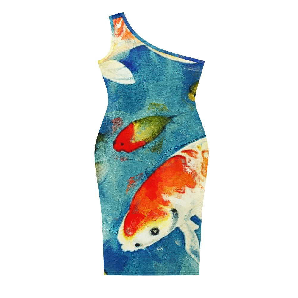 Discover Elegance: Luxtrini's One-Shoulder Slim Dress - Magic of Koi white