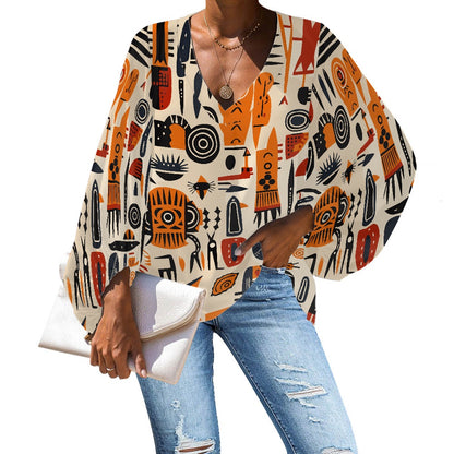 Tribal and Indigenous V-Neck Chiffon Puff Sleeve Blouse by Luxtrini 4XL