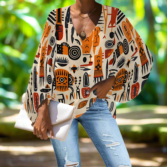 Tribal and Indigenous V-Neck Chiffon Puff Sleeve Blouse by Luxtrini