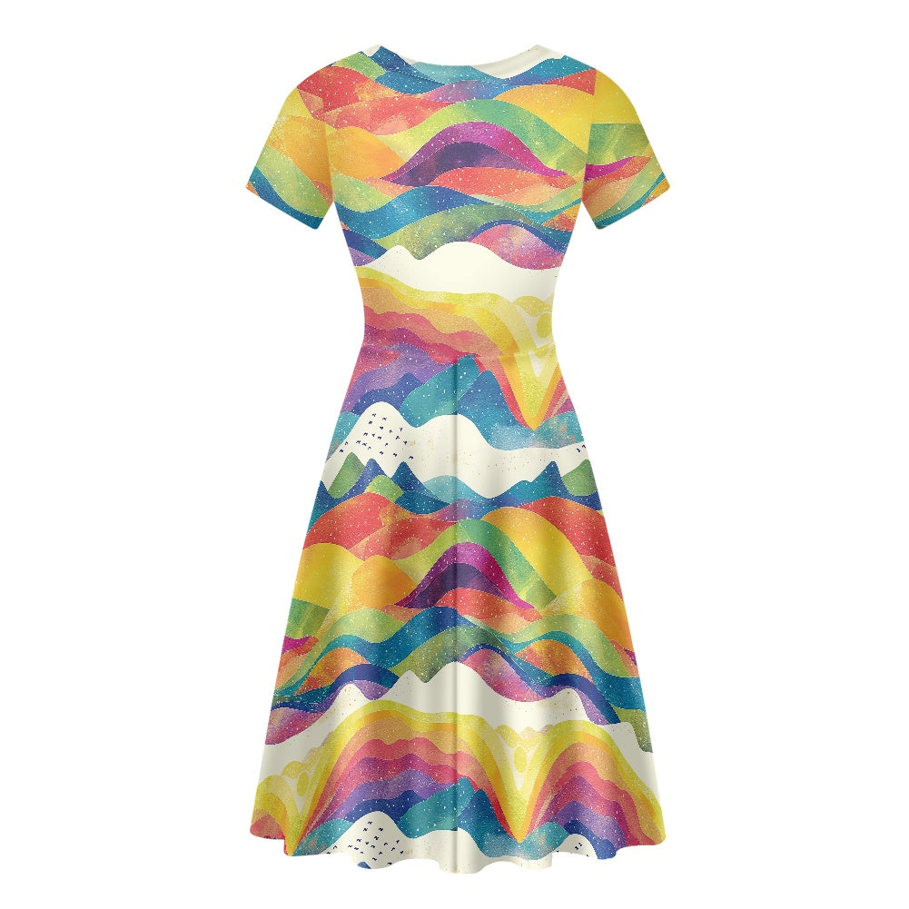 Women Scoop Neck Short Sleeve Ruffle Dress