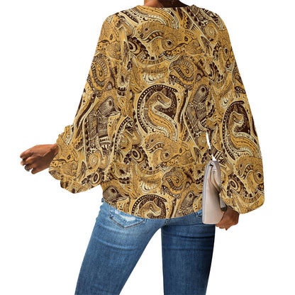 Brown and Gold Bohemian Print Blouse – Casual and Elegant Batwing Top V-Neck Chiffon Puff Sleeve Blouse by Luxtrini