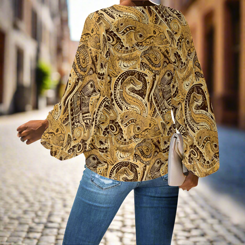 Brown and Gold Bohemian Print Blouse – Casual and Elegant Batwing Top V-Neck Chiffon Puff Sleeve Blouse by Luxtrini